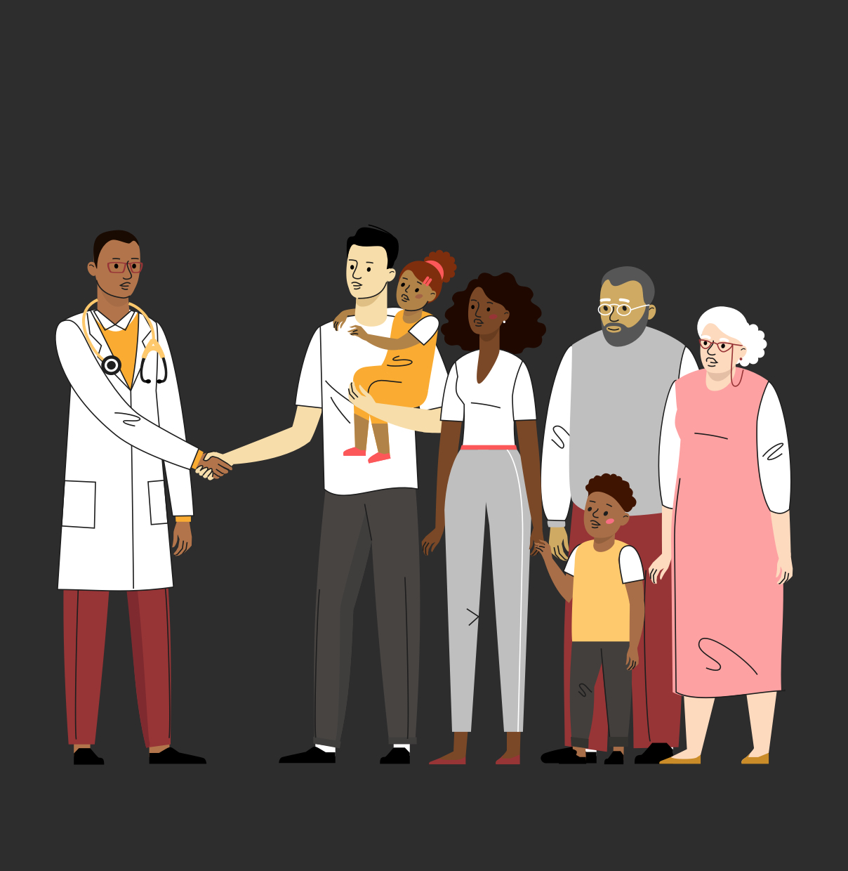 A group of three adults and two children greeting a doctor